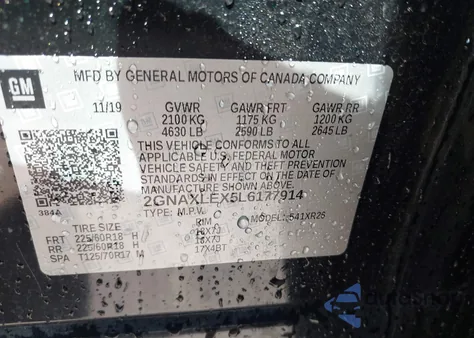 2020 Chevrolet Equinox Fwd Lt 2.0L Turbo из США, поврежденный, VIN 2GNAXLEX5L6177914